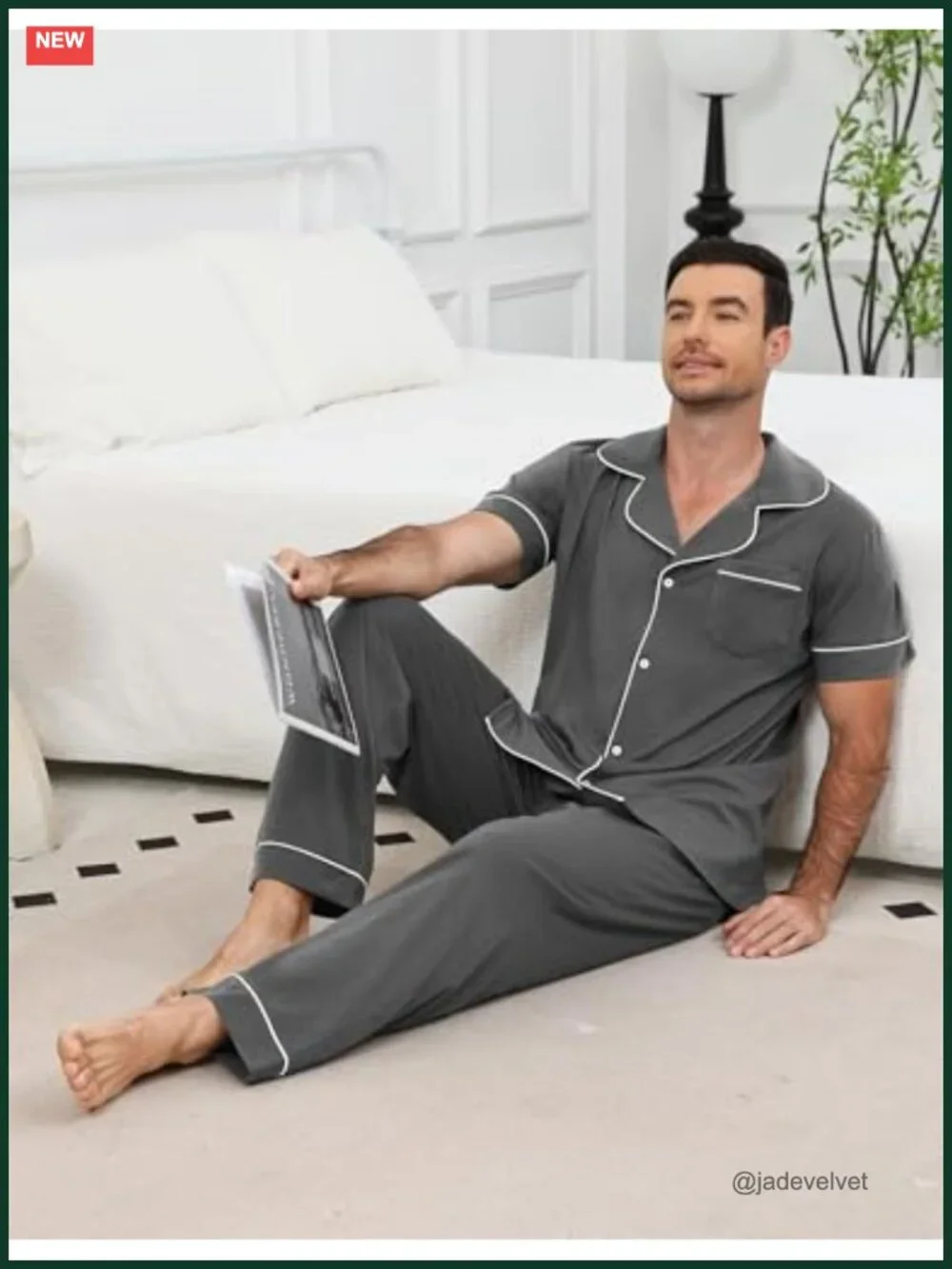 Men's Pajama Set Cotton Short Sleeve Button Down Lounge Set with Pockets